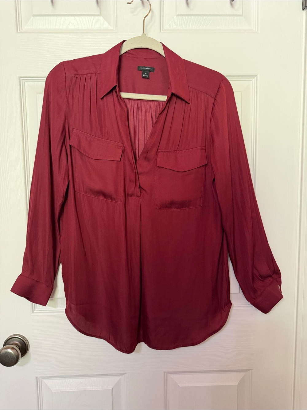 Ann Taylor Long Sleeve Blouse in Deep Red